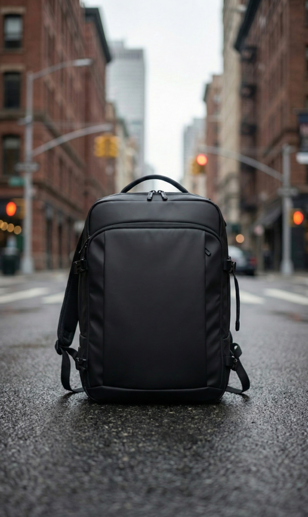 Black bulletproof backpack in the middle of a street.