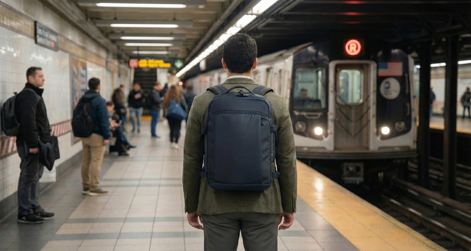 Commuter wearing black bulletproof backpack