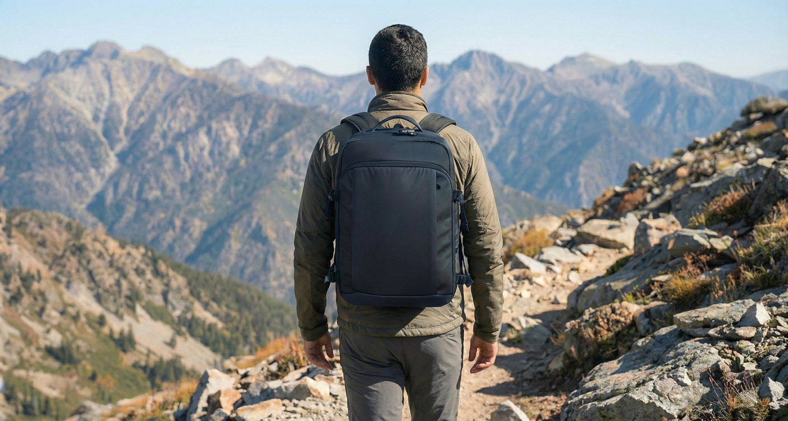 hiker wearing bulletproof backpack in black