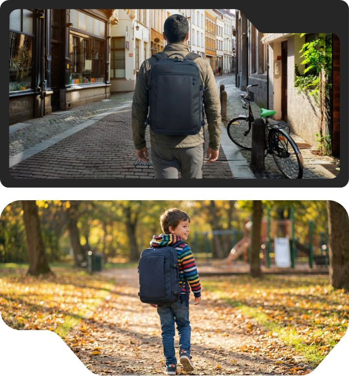 Two images with the top showing a male subject adult wearing bulletproof backpack in an alley and the bottom image shows a child waking in a park wearing the black bulletproof backpack