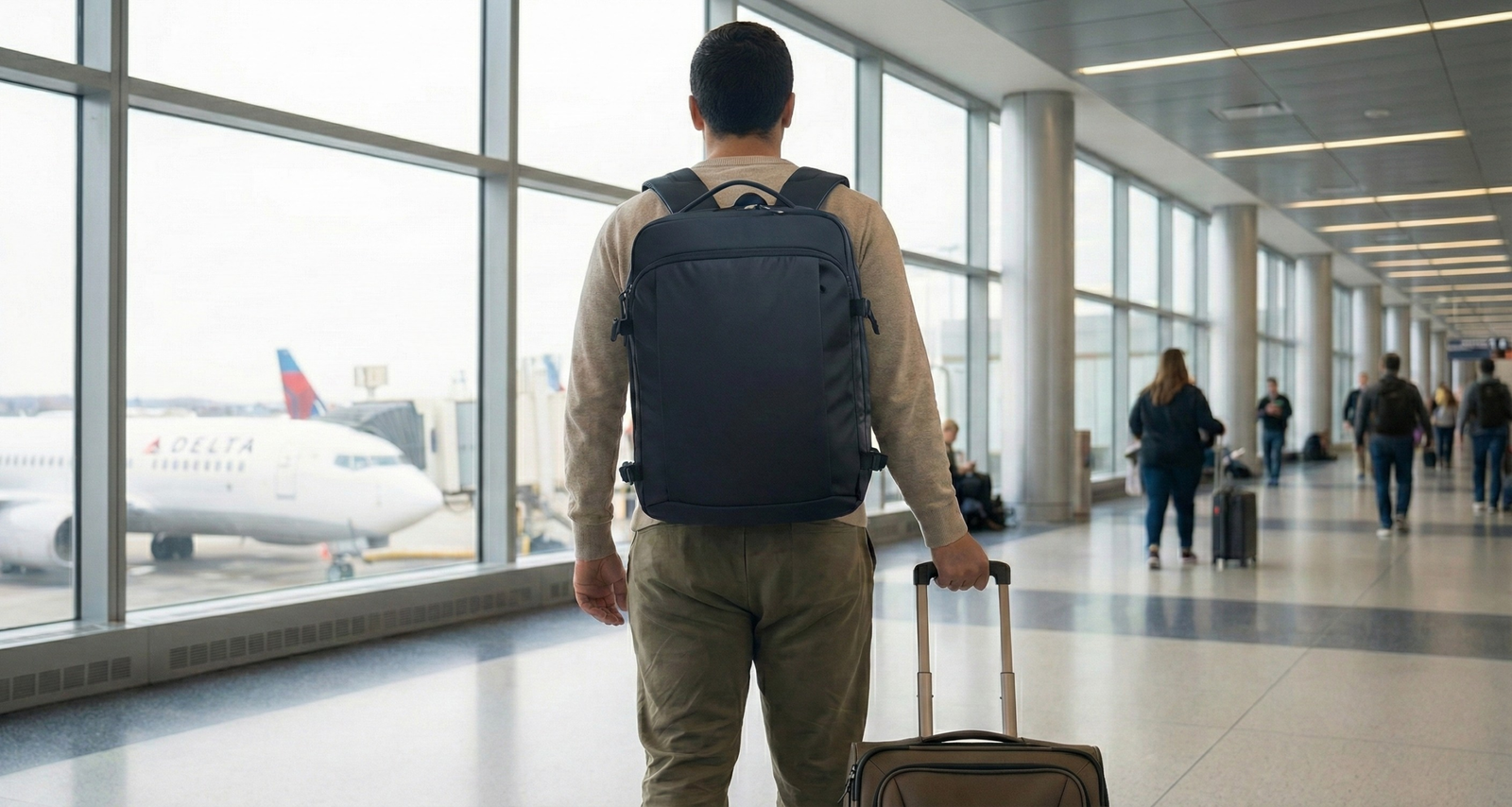 Male subject wearing bulletproof backpack in black at an airport.