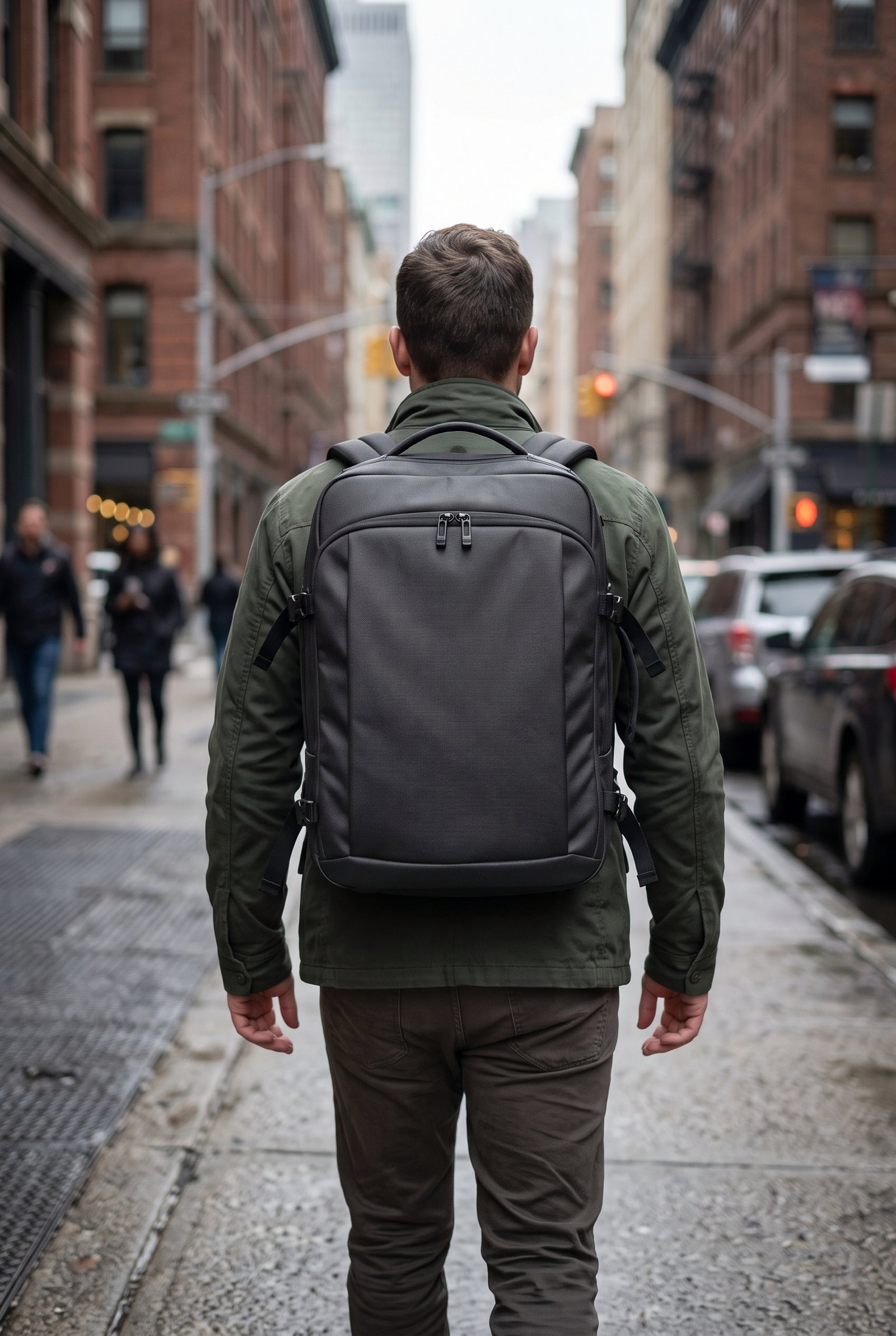 Male subject wearing bulletproof backpack in black in the city on the streets.